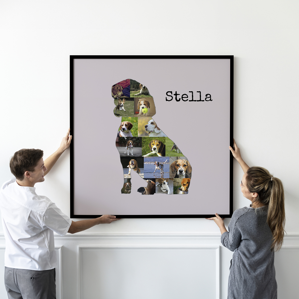 Grand collage photo en silhouette de beagle assis avec prénom sur fond rose poudré, dans un cadre noir au mur