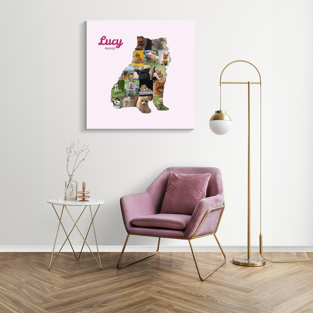 Collage photo de spitz nain avec prénom sur toile rose, au-dessus d’un fauteuil en velours dans le salon