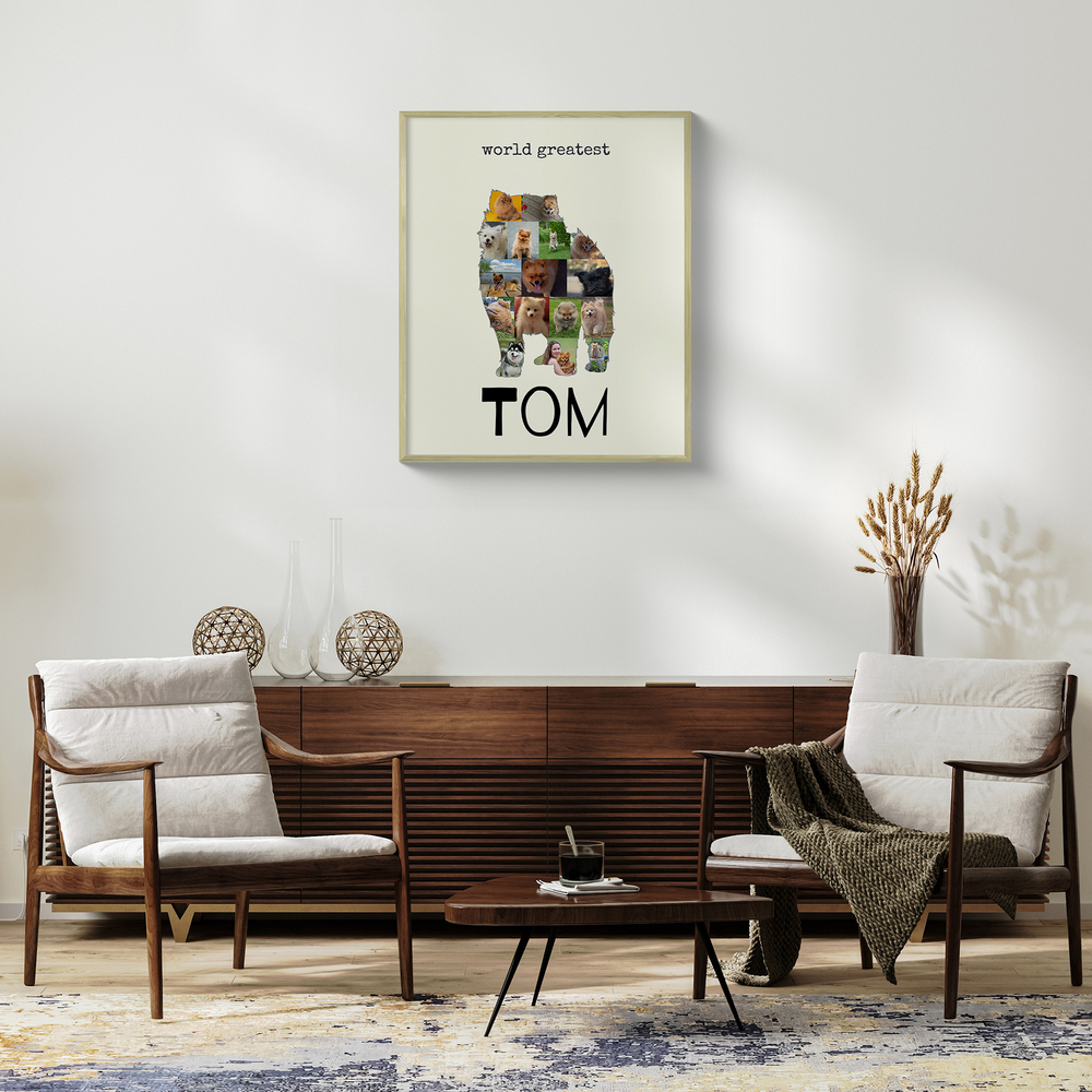 Collage photo personnalisé en silhouette de spitz nain, cadre clair au-dessus d’un buffet entre deux fauteuils