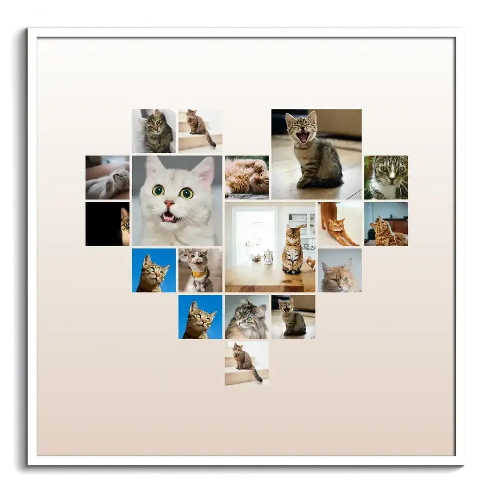Pêle-mêle de photos de chats en cœur sur fond dégradé beige, encadré en blanc, cadeau pour amoureux des chats