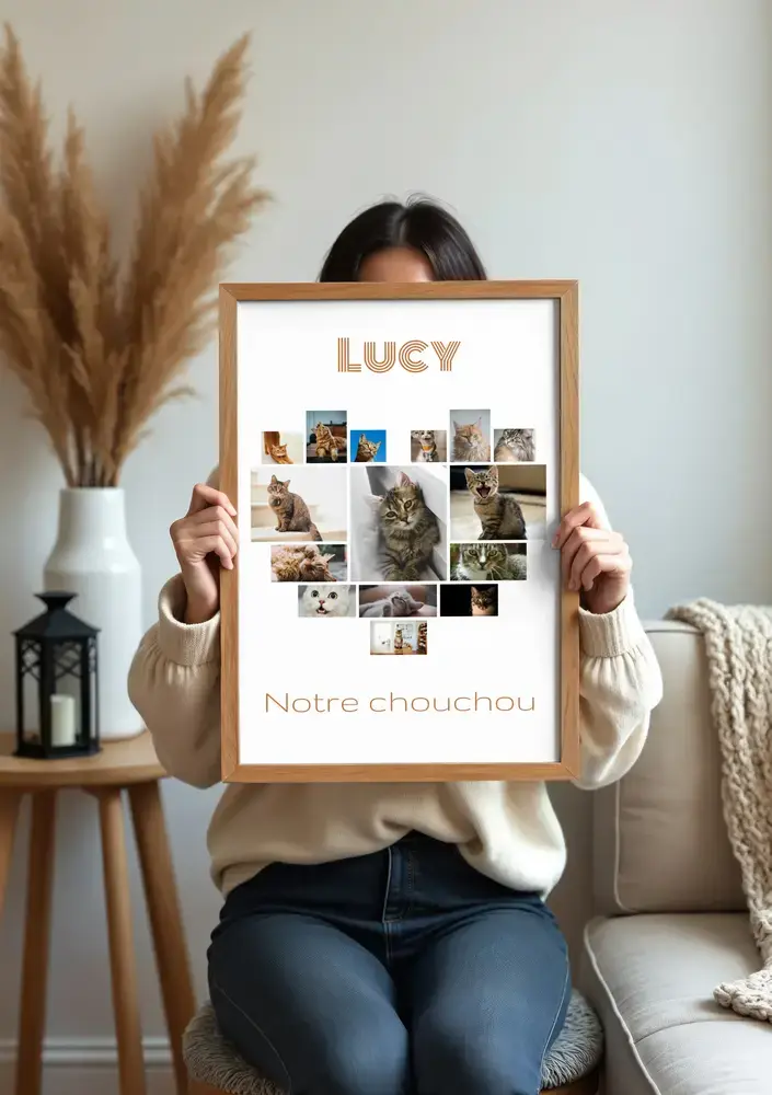 Pêle-mêle de photos de chats en cœur avec prénom et petit mot, dans un cadre en bois naturel au salon