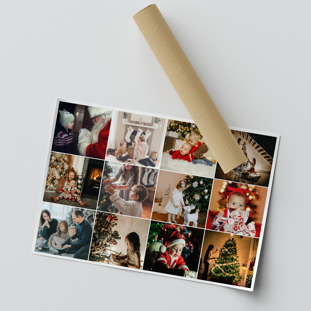 Poster de photos de Noël en grille avec un coin enroulé, un cadeau souvenir pour les parents