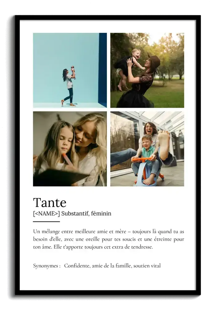Affiche personnalisée pour une tante avec quatre photos et une définition façon dictionnaire, dans un cadre noir