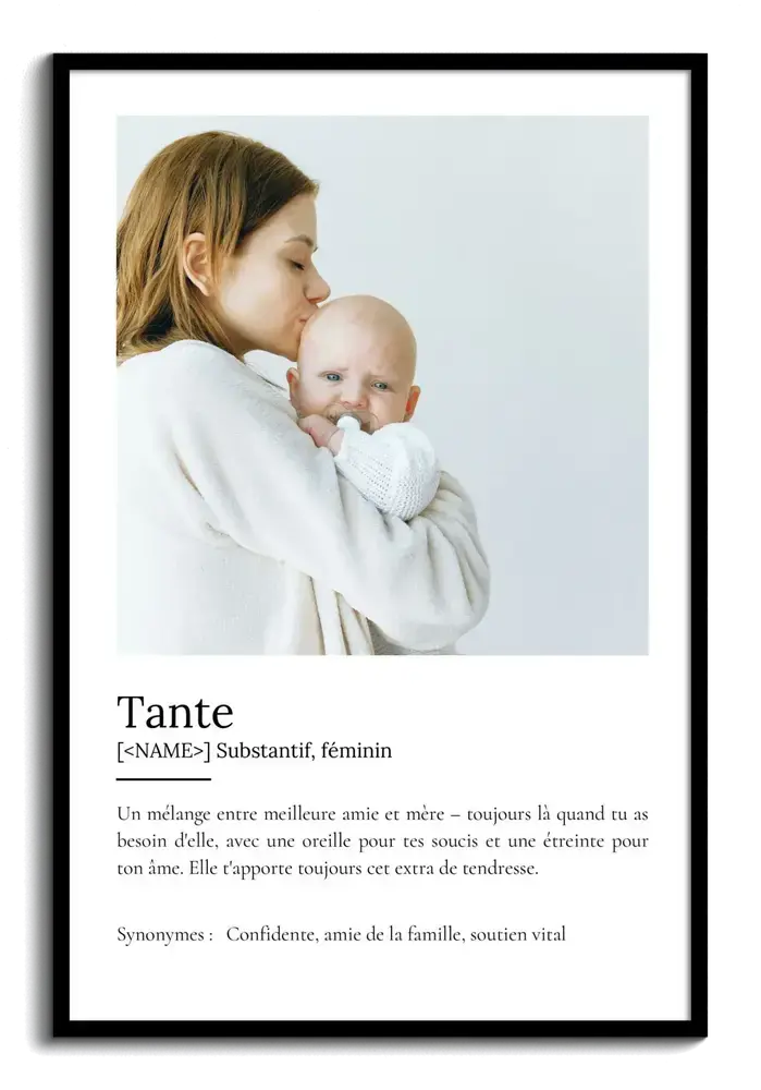 Affiche définition pour une tante, avec une grande photo au-dessus du texte sur fond blanc, dans un cadre noir