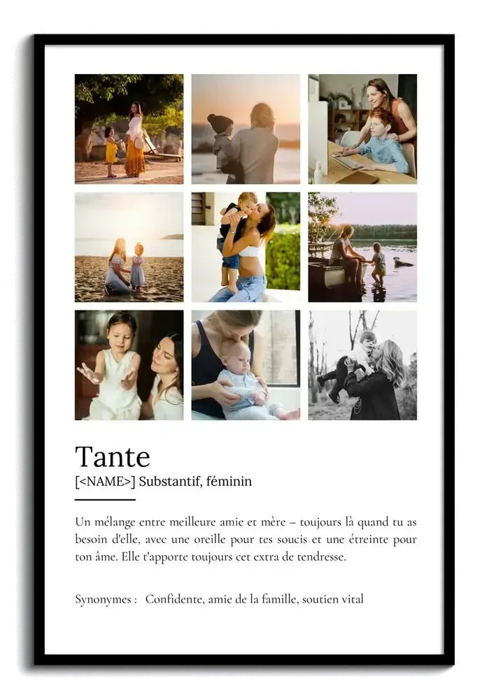 Affiche définition pour une tante avec neuf photos en grille et texte personnalisable, dans un cadre noir