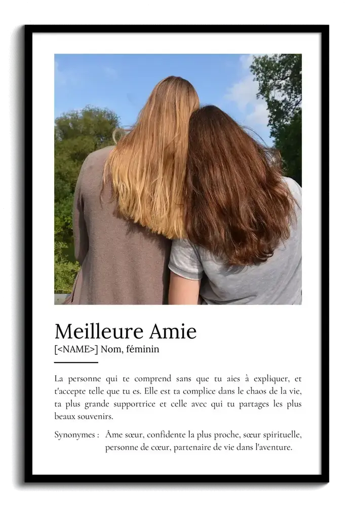 Affiche photo style dictionnaire dans un cadre noir, une idée cadeau personnalisée pour sa meilleure amie