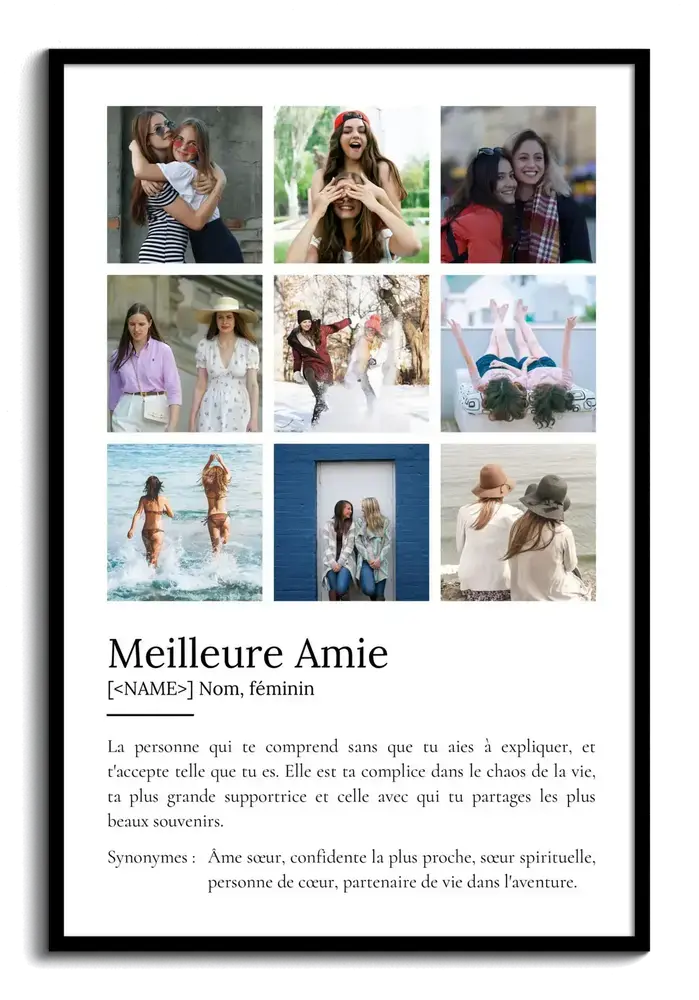 Affiche façon dictionnaire avec neuf photos et cadre noir, une idée cadeau pour sa meilleure amie
