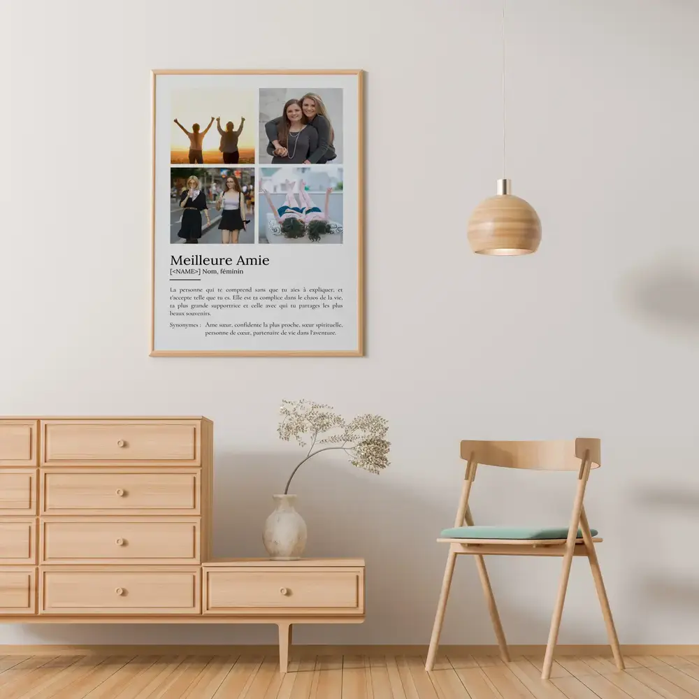 Affiche définition avec 4 photos, encadrée en bois au mur, cadeau pour sa meilleure amie