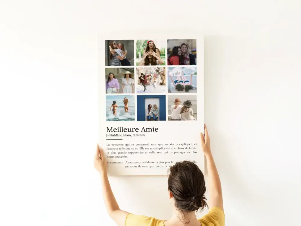 Affiche style dictionnaire avec neuf photos sur un mur blanc, cadeau personnalisé pour une meilleure amie.