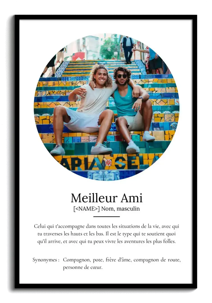 Affiche avec photo ronde et définition de l’amitié dans un cadre noir, idée cadeau pour son meilleur ami