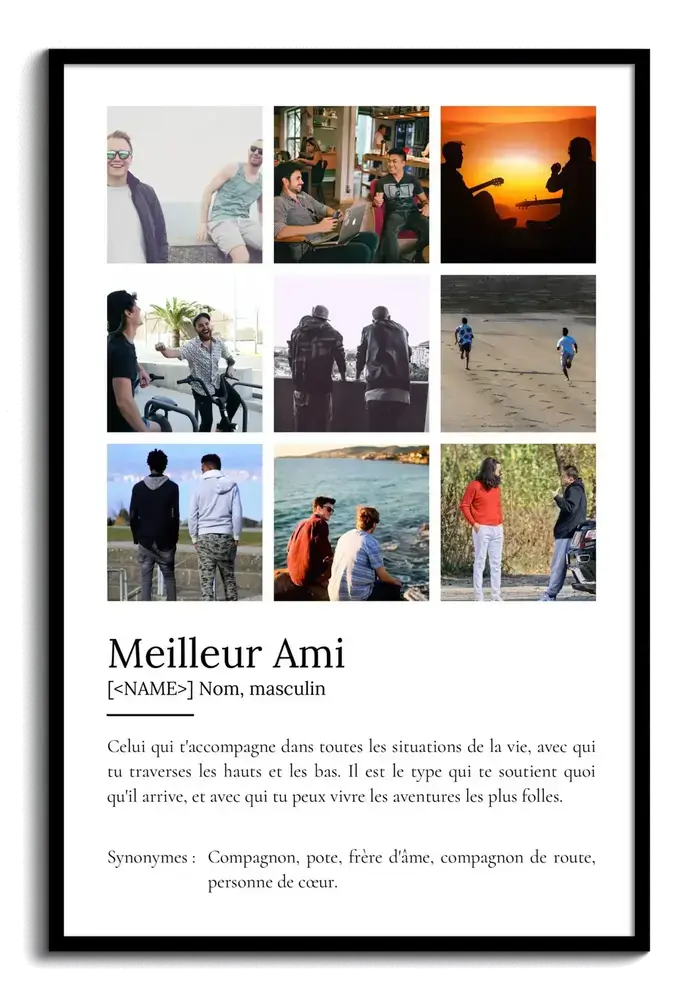 Affiche pour un meilleur ami avec neuf photos en grille et définition façon dictionnaire, dans un cadre noir
