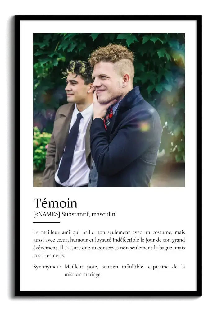 Affiche définition avec photo et cadre noir, une idée cadeau personnalisée pour un témoin de mariage