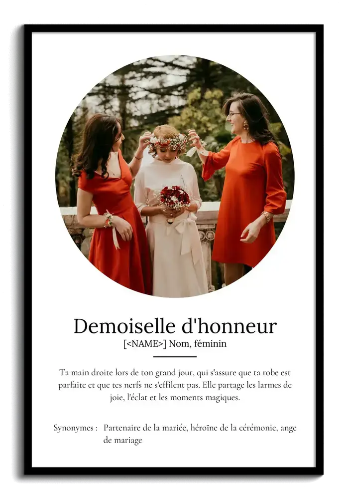Affiche définition demoiselle d’honneur en cadre noir, avec photo de mariage ronde et texte façon dictionnaire