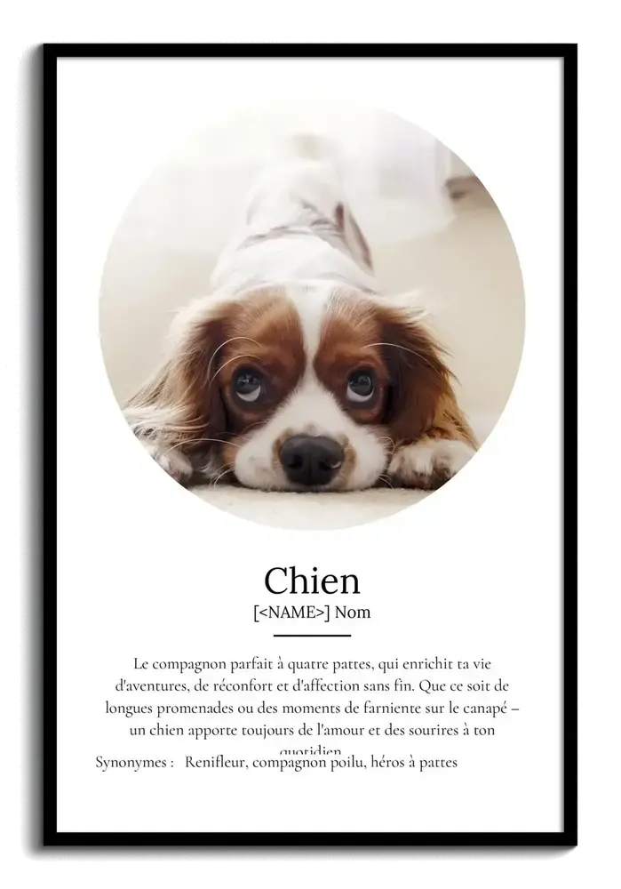 Affiche définition du chien avec photo ronde et cadre noir, cadeau personnalisé pour amoureux des chiens