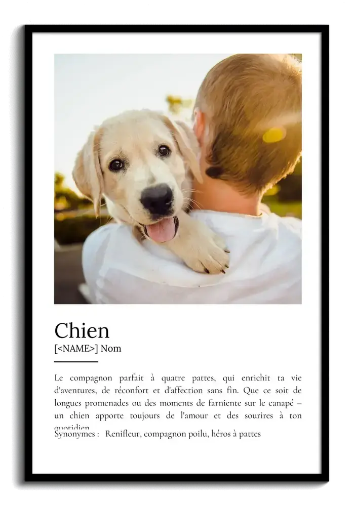 Affiche personnalisée avec photo de chiot et définition du chien façon dictionnaire, dans un cadre noir