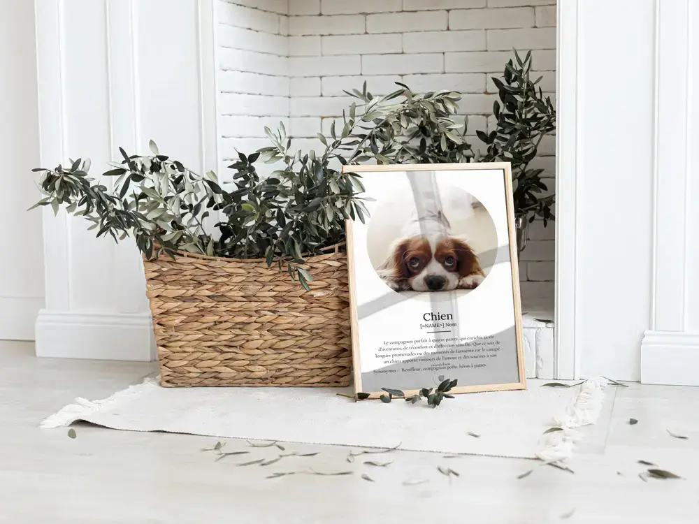 Affiche définition du chien avec photo ronde, encadrée en bois clair et posée au sol près d’un panier tressé