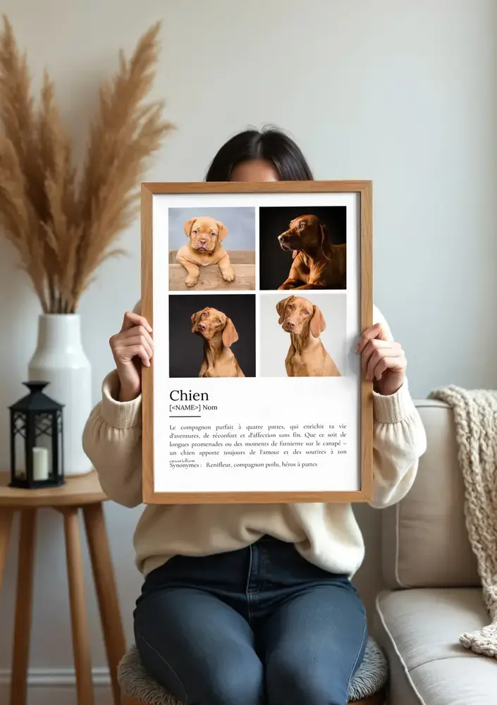 Affiche définition du chien avec quatre photos, encadrée en bois et présentée dans un salon aux herbes de la pampa