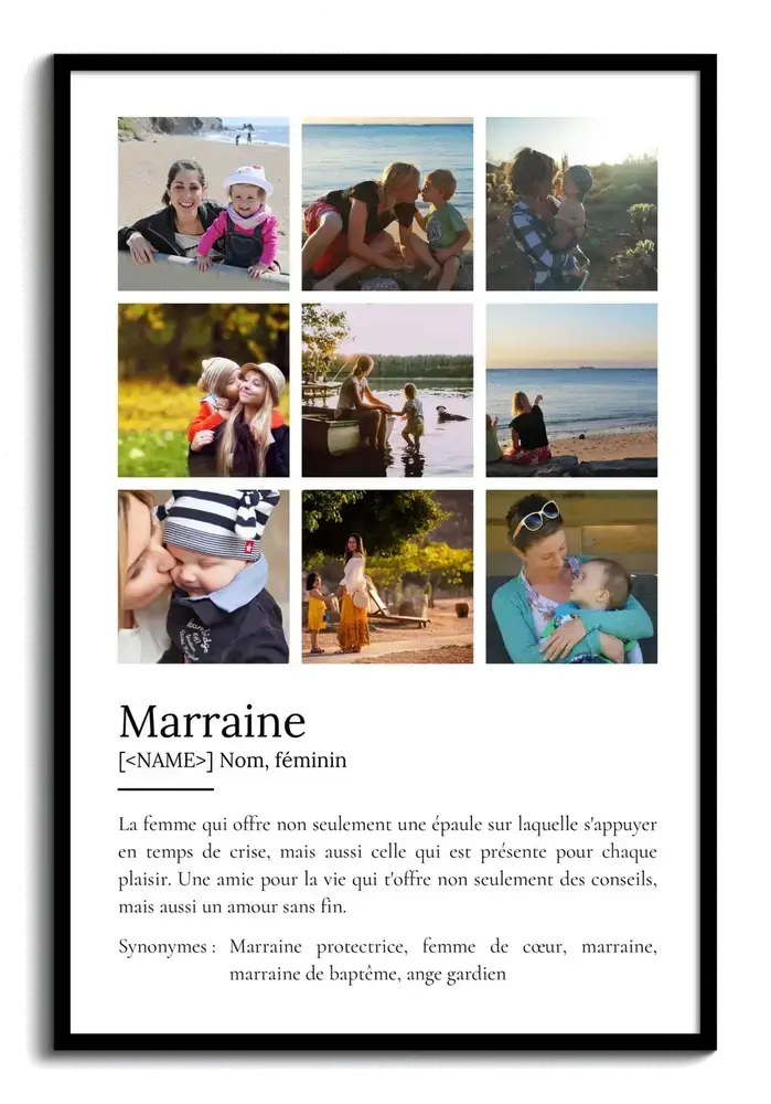 Affiche définition pour marraine avec neuf photos en grille sur fond blanc, encadrée en noir