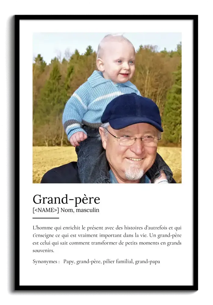 Affiche définition de grand-père avec photo et cadre noir, cadeau personnalisé pour papi