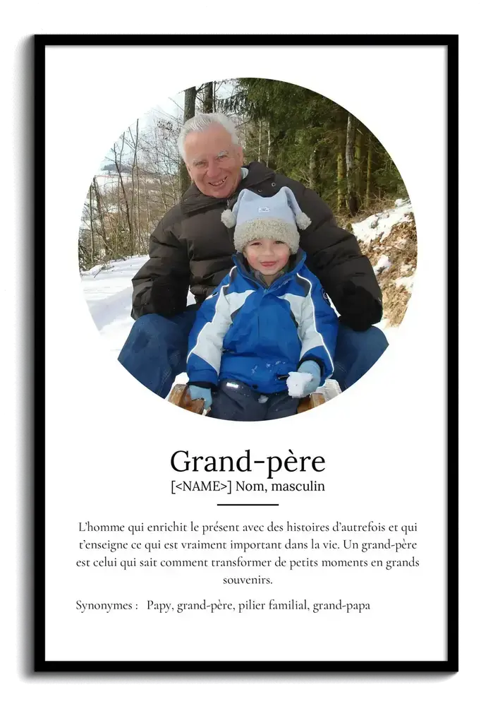 Affiche définition de grand-père avec photo ronde en cadre noir, une idée cadeau pour son anniversaire