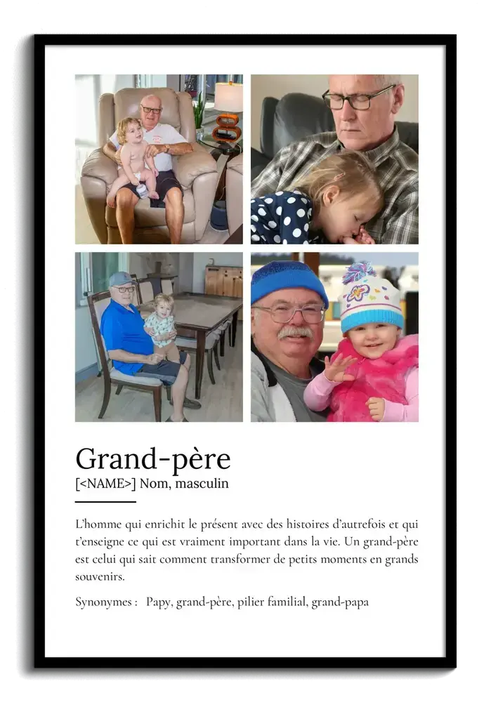 Affiche définition de grand-père avec quatre photos en cadre noir, un souvenir à offrir de la part des petits-enfants