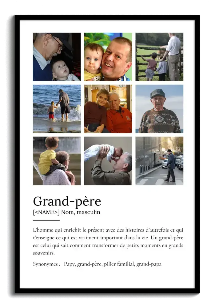 Affiche définition de grand-père avec neuf photos en cadre noir, un cadeau photo pour papi à Noël