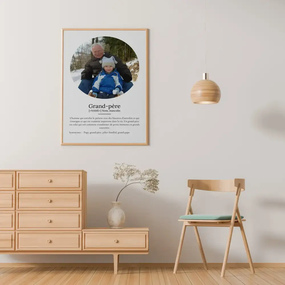Affiche définition de grand-père avec photo ronde, en cadre bois clair au mur près d'une commode