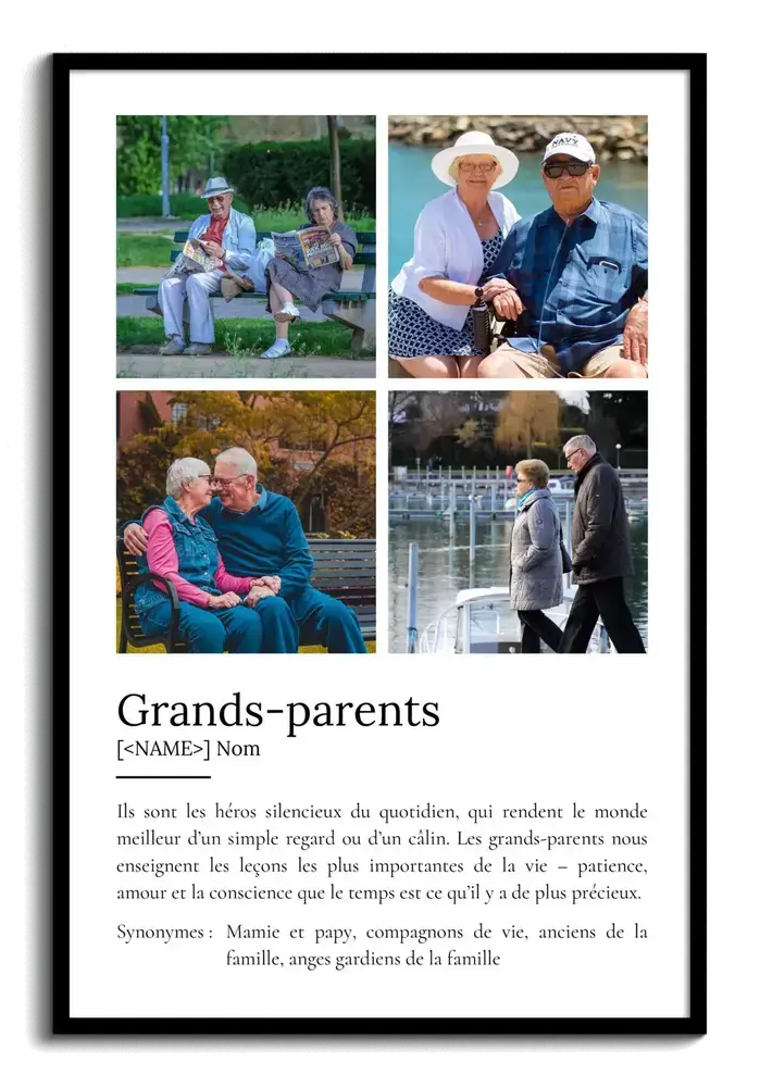 Affiche définition à quatre photos en cadre noir, cadeau personnalisé pour les grands-parents