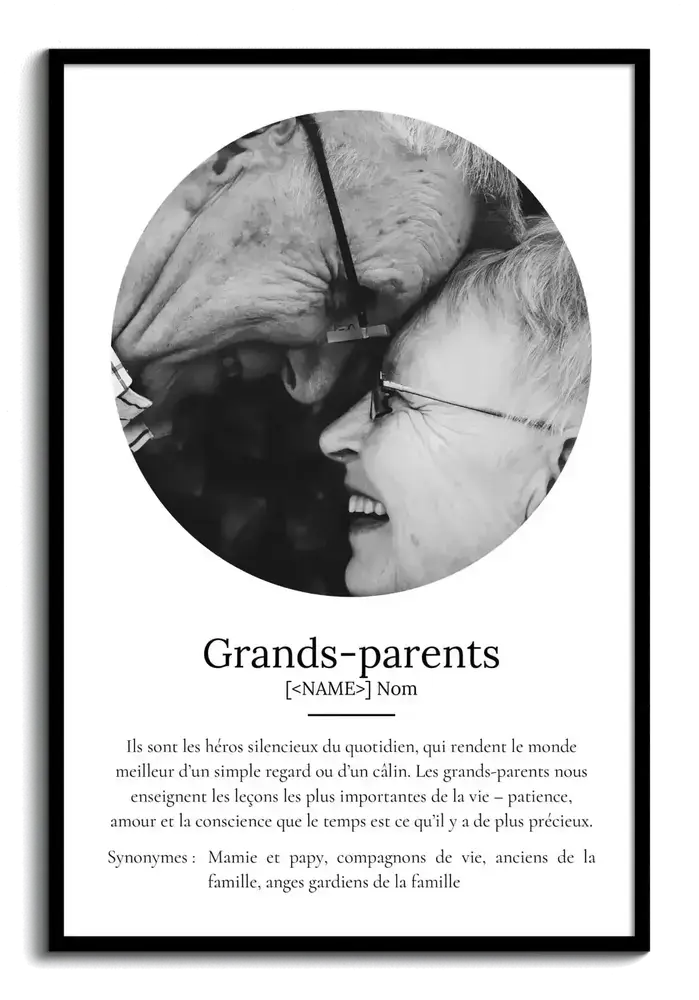 Affiche définition avec photo ronde en noir et blanc, cadre noir, un cadeau souvenir pour les grands-parents