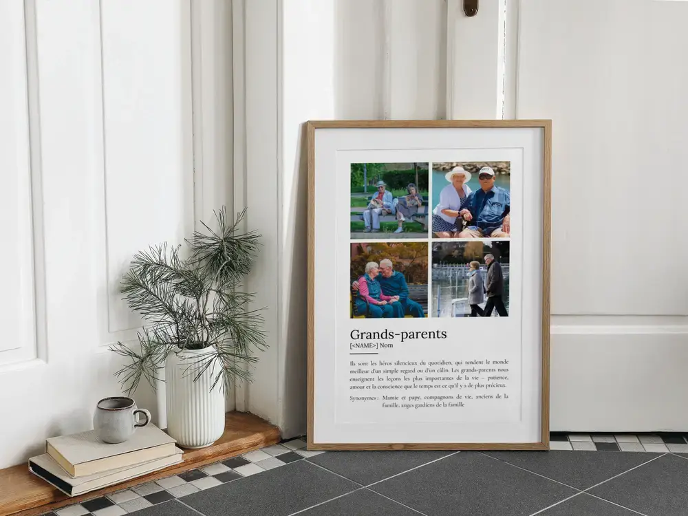 Affiche définition des grands-parents à quatre photos, cadre en bois posé au sol près d’une plante