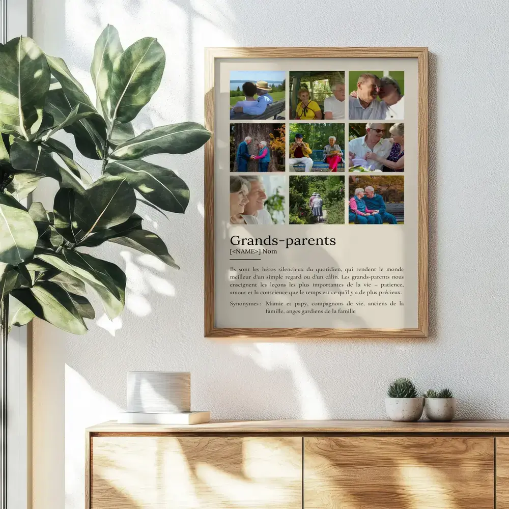 Affiche définition des grands-parents à neuf photos, cadre en bois au-dessus d’un buffet près d’une grande plante