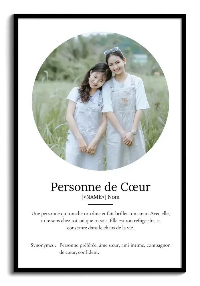 Affiche personnalisable avec définition et photo ronde de deux amies, dans un cadre noir sur fond blanc