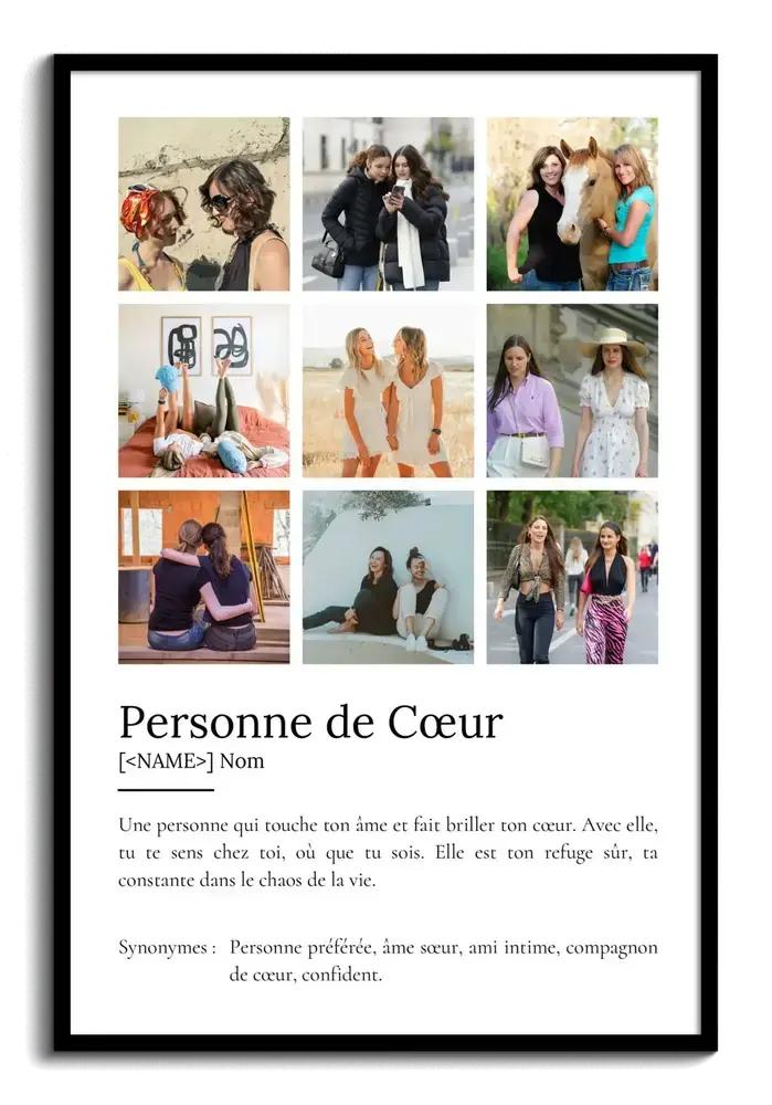 Affiche définition de l’amitié avec neuf photos en grille sur fond blanc, dans un cadre noir