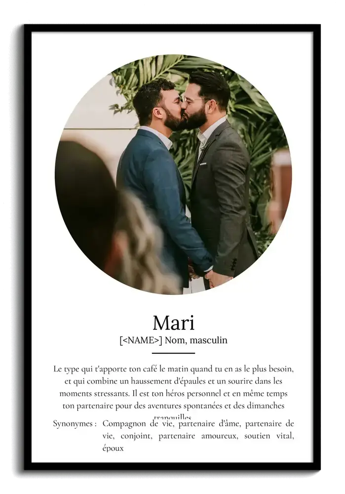 Affiche définition du mari avec photo ronde de deux mariés, cadre noir, cadeau personnalisé pour son époux.
