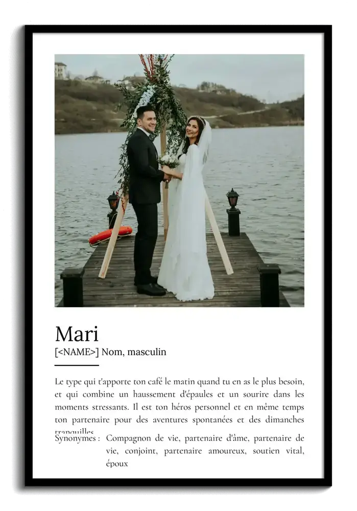 Affiche définition du mari avec photo de mariage, cadre noir, cadeau pour un anniversaire de mariage.
