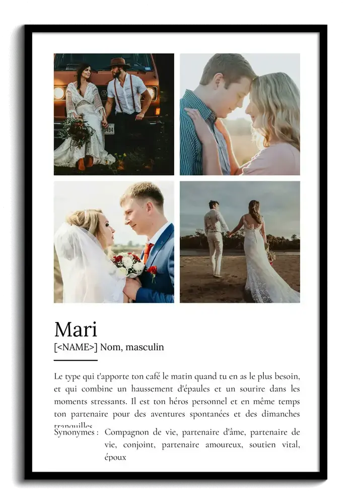 Affiche personnalisée pour mari avec définition et quatre photos en cadre noir, une idée cadeau de mariage.