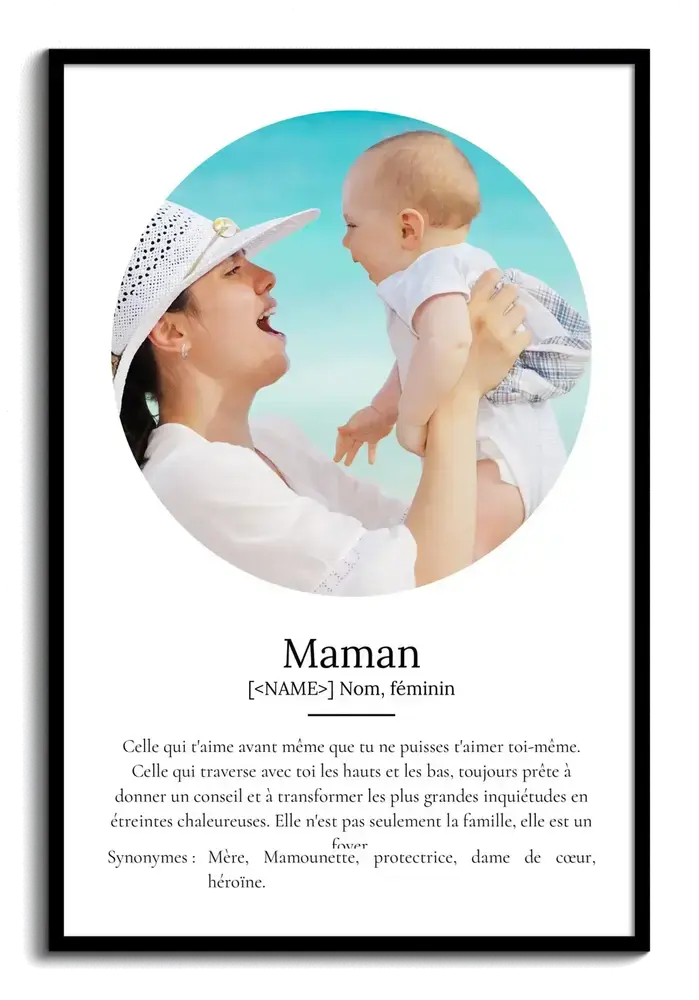 Affiche définition de maman, photo ronde mère-bébé et cadre noir, cadeau personnalisé pour la fête des Mères