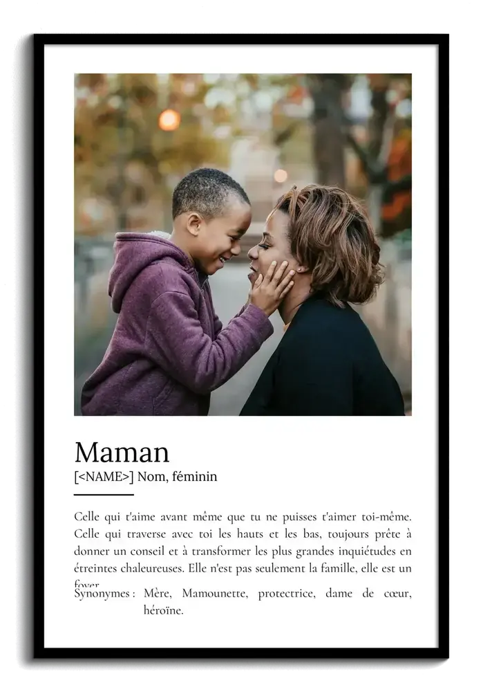 Affiche définition de maman avec photo mère-enfant et cadre noir, cadeau photo pour son anniversaire