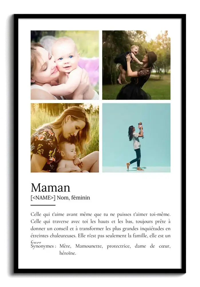 Affiche définition de maman avec quatre photos et cadre noir, une idée de cadeau personnalisé pour Noël