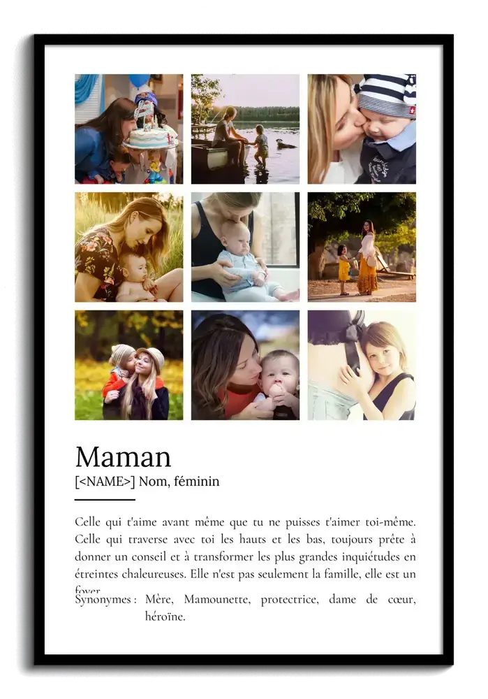 Affiche définition de maman avec neuf photos en grille et cadre noir, un cadeau souvenir pour une maman