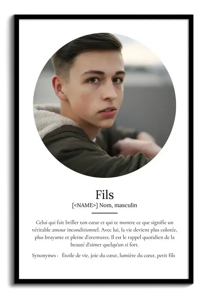 Affiche style dictionnaire avec portrait rond et cadre noir, une idée cadeau pour son fils