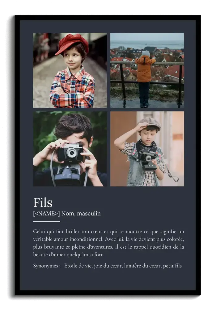 Poster définition à quatre photos sur fond sombre, dans un cadre noir, pour un cadeau unique à son fils