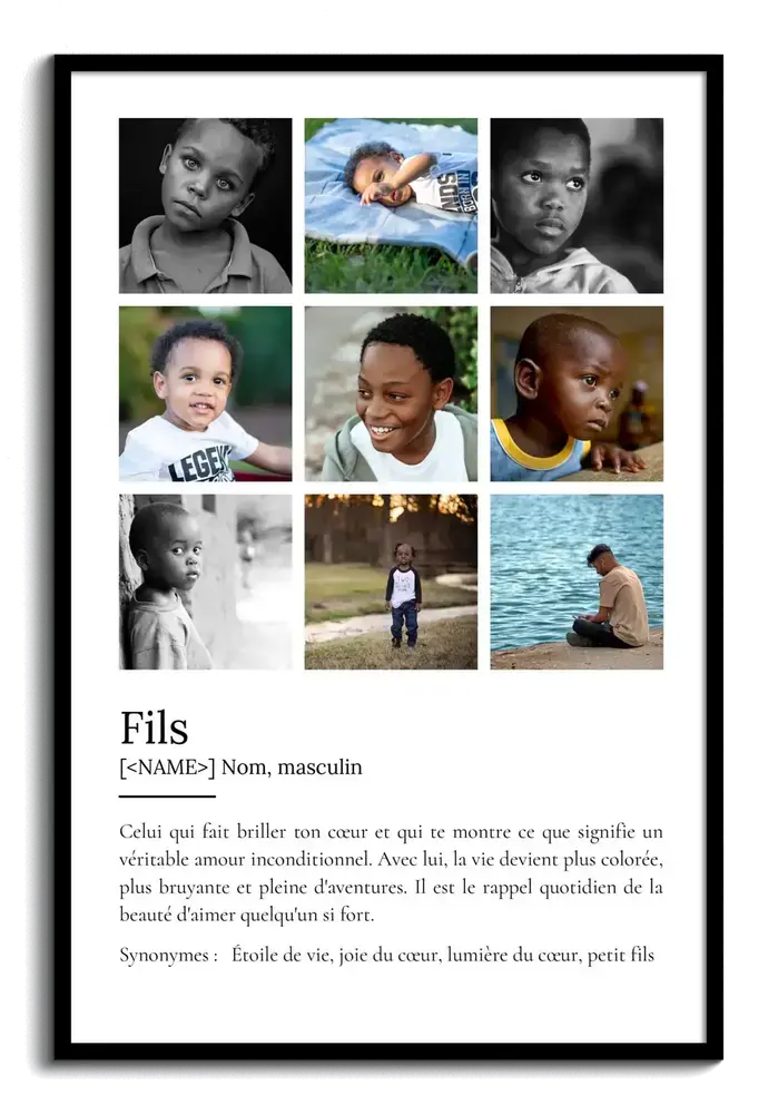Affiche définition avec neuf photos en grille et cadre noir, un cadeau plein de souvenirs pour son fils