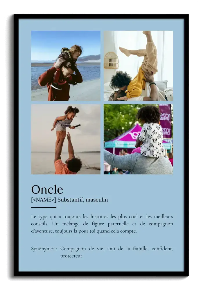 Affiche définition pour un oncle avec quatre photos de famille sur fond bleu clair dans un cadre noir