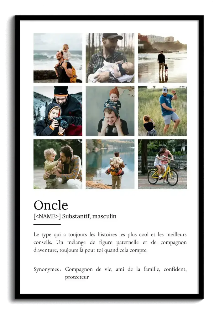 Affiche définition pour un oncle avec neuf photos en grille sur fond blanc, dans un cadre noir