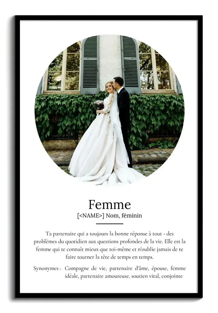 Affiche définition de l’épouse avec photo de mariage ronde et texte sur fond blanc, dans un cadre noir