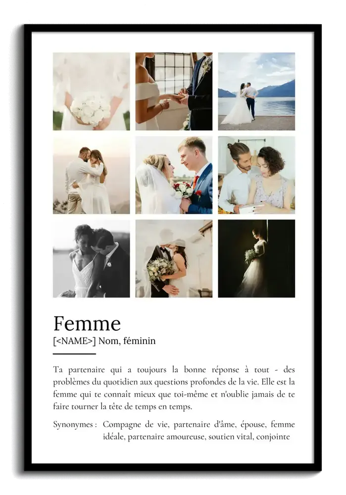 Affiche définition de l’épouse avec neuf photos de mariage en mosaïque, texte sur fond blanc et cadre noir