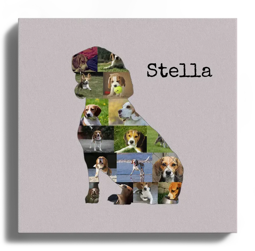 Collage photo sur toile en silhouette de beagle assis, avec prénom sur fond rose poudré