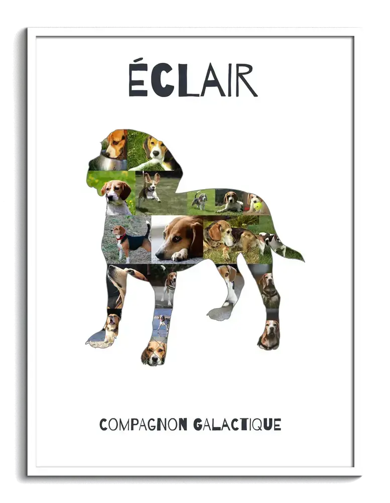 Collage photo en silhouette de beagle debout sur fond blanc, avec prénom et message, dans un cadre blanc