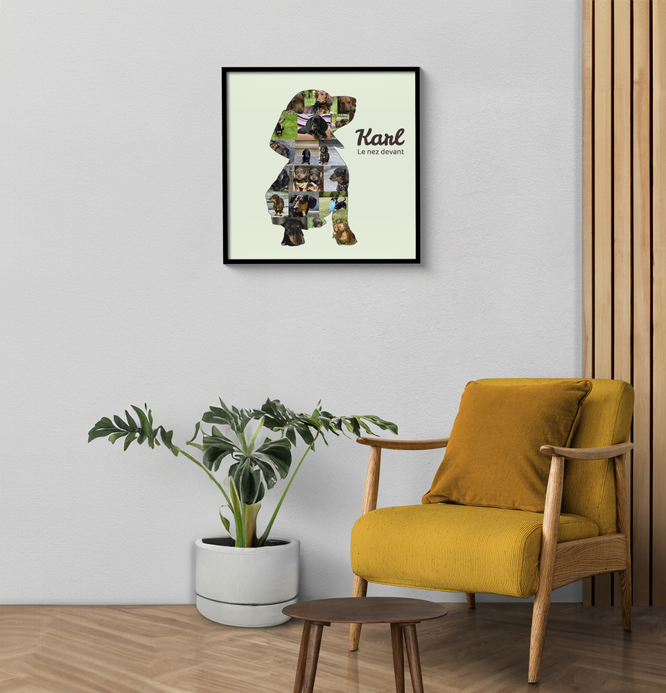 Collage photo de teckel personnalisé sur fond vert pâle, encadré en noir au salon près d’un fauteuil jaune